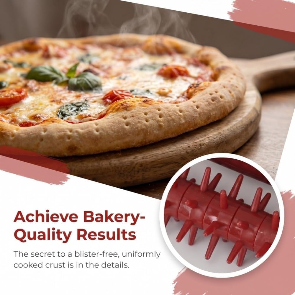 Pizza Dough Docker Roller with Spikes – Docking Tool for Even Perforation, Avoids Blistering Crust for Homemade Pizza and Pie Crust(Red)