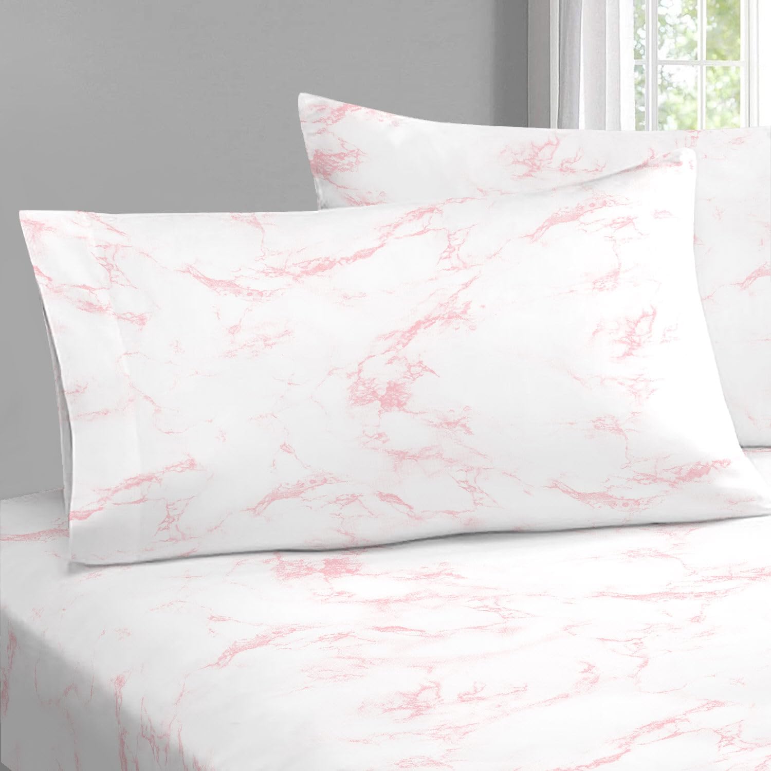 Pizuna Pure 100% Cotton Pillow Cases King Size Set of 2 Carrara Marble Pink, Luxurious 400 Thread Count Long Staple Cotton Sateen with Stylish 4" Hem
