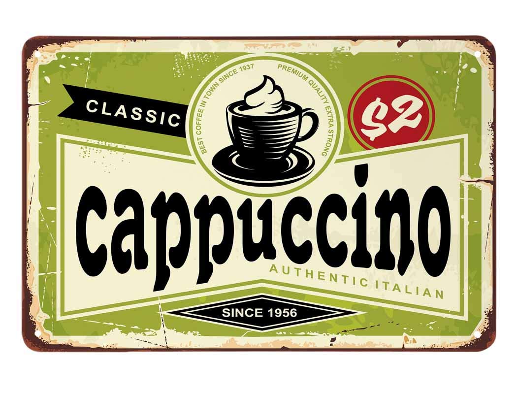 SMAZDFXX Cappuccino Tin Sign,Classic Italian Coffee Vintage Metal Tin Signs for Cafes Bars Pubs Shop Wall Decorative Funny Retro Signs for Men Women 5.5"x8"