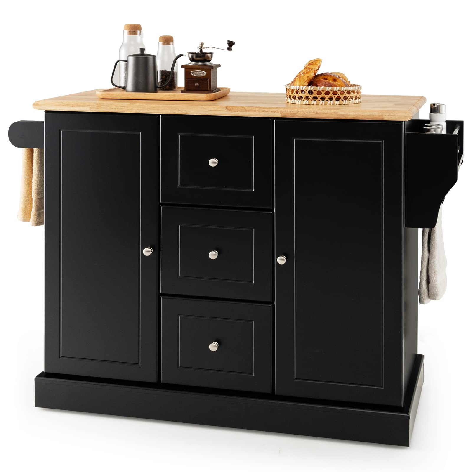 KOMFOTTEU Carrello da Cucina in Legno di Quercia con 2 Armadi e 3 Cassetti, Credenza con 5 Rotelle e Cerniere in Metallo, Isola da Cucina per Soggiorno e Sala da Pranzo (Nero)