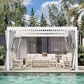 10' × 10' Louvered Pergola, Outdoor Aluminium Canopy with Adjustable Roof Curtains and Netting for Patio, Deck, Garden, Yard, Beach.(White)