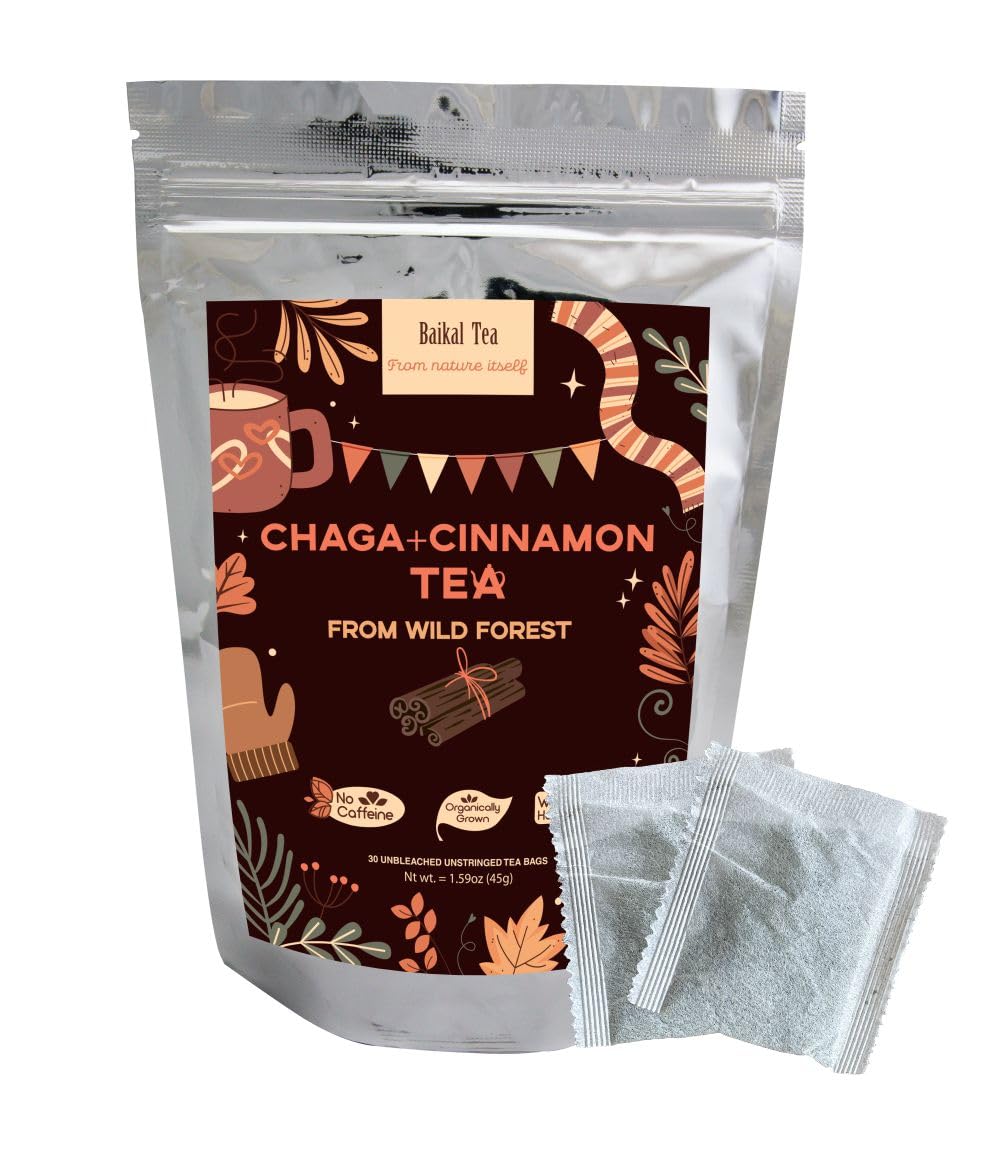 Baikal Tea - Chaga Cinnamon Blend - 100% Wild Siberian Birch - Organic - 30 Unbleached Tea Bags - Pure No Additives