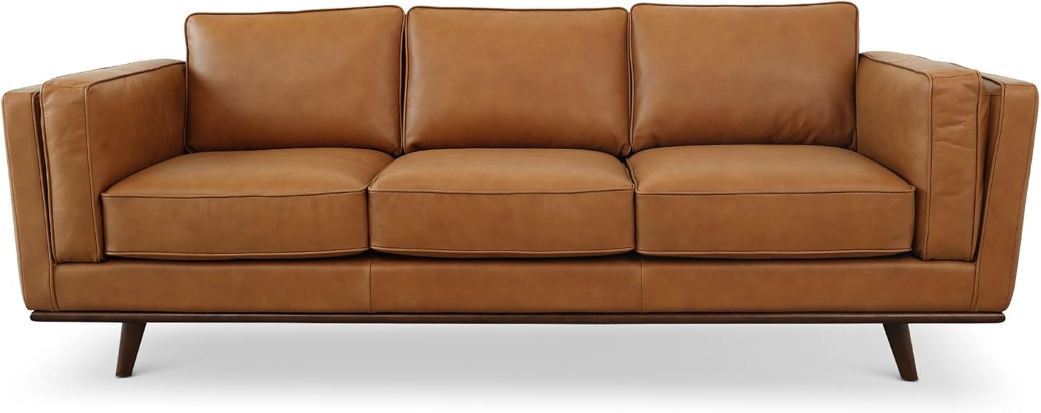 Mid Century Modern Tan Genuine Leather Sofa 3 Seat,Wood Frame