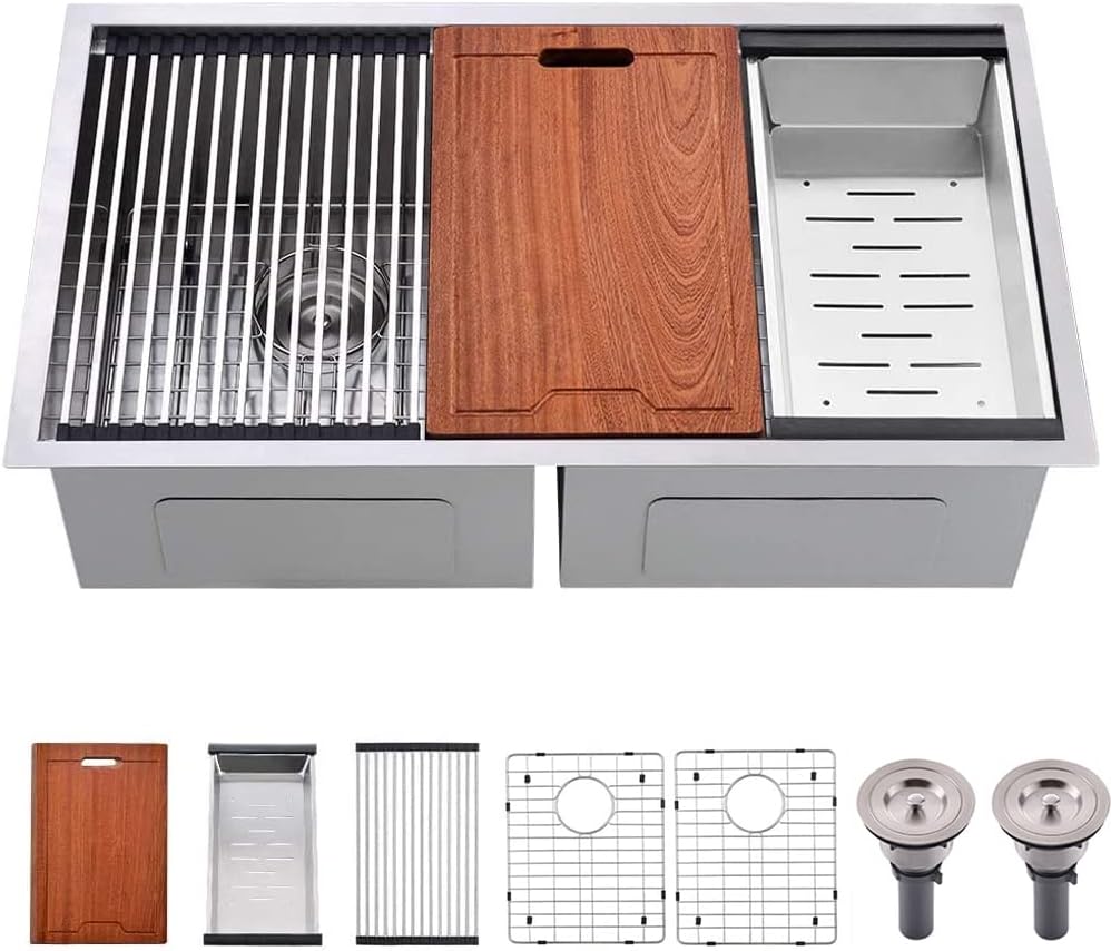 33 Inch Double Bowl Undermount Kitchen Sink Workstation- 33x19 Undermount Workstation Sink Double Bowl Basin 16 Gauge Stainless Steel Deep 50/50 Low Divide Kitchen Sink with Accessories