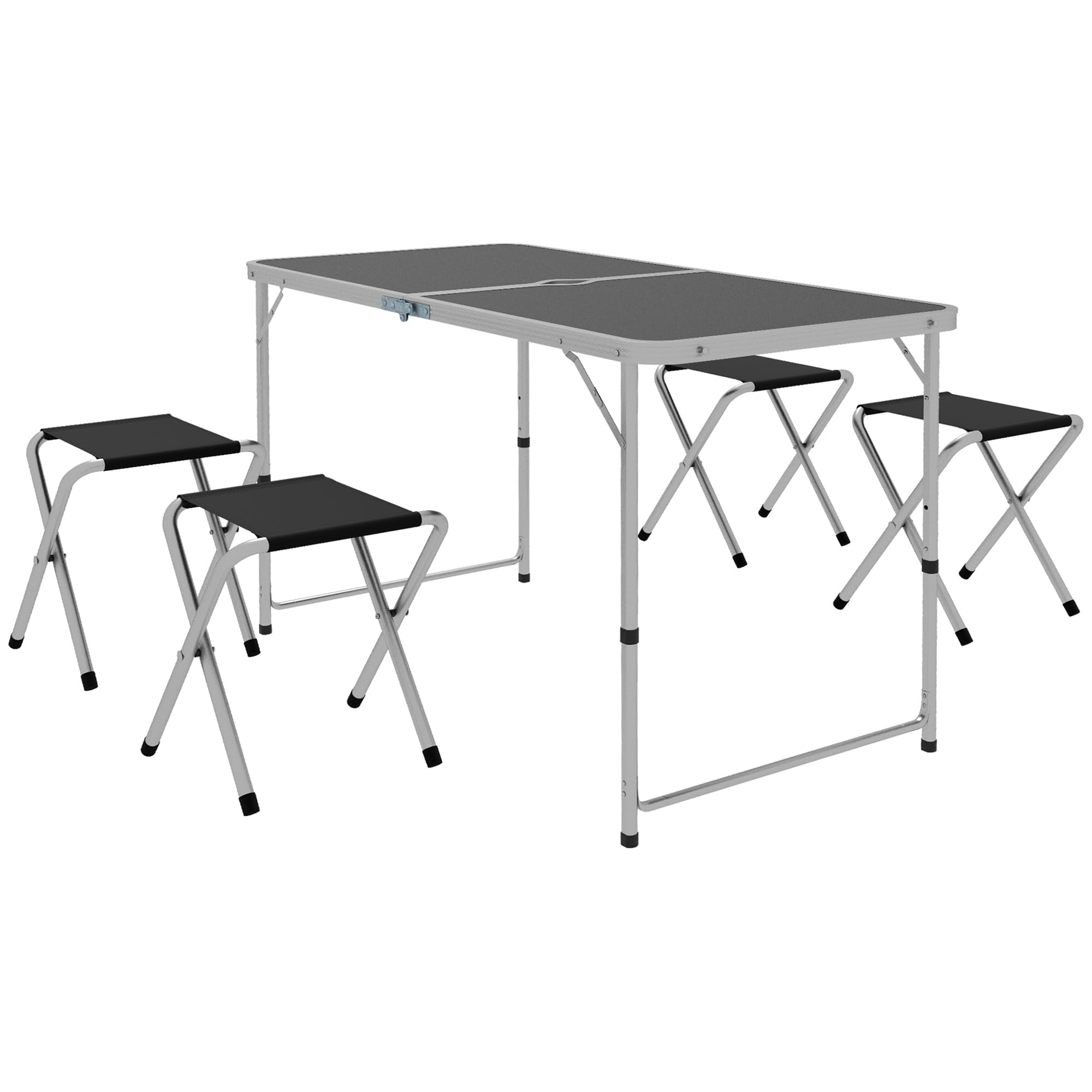 Outsunny 5-Piece Camping Set Tavolo da campeggio pieghevole con sedie Include 1 tavolo regolabile in altezza con foro per ombrellone 120x60x55-70 cm e 4 sgabelli pieghevoli Nero
