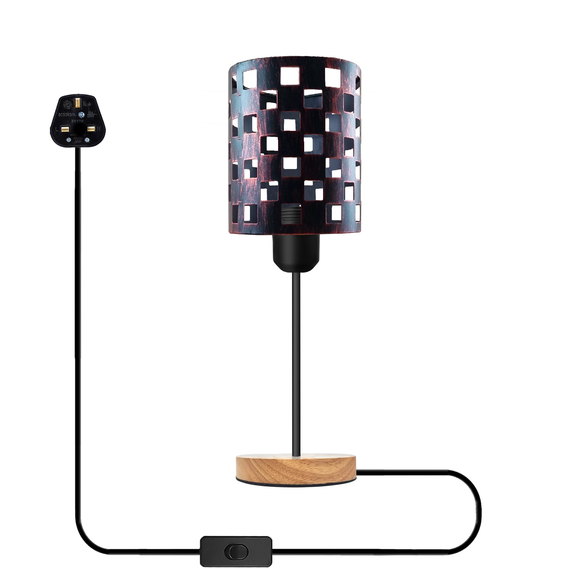 Wooden Stand Bedside Table Lamp Modern Round Nightstand Lamp with Solid Wood Desk Metal Barrel Cage With 3 Pin Plugin On/Off Switch Control Lamp for Bedroom without bulb (Style 1 - Rustic Red)