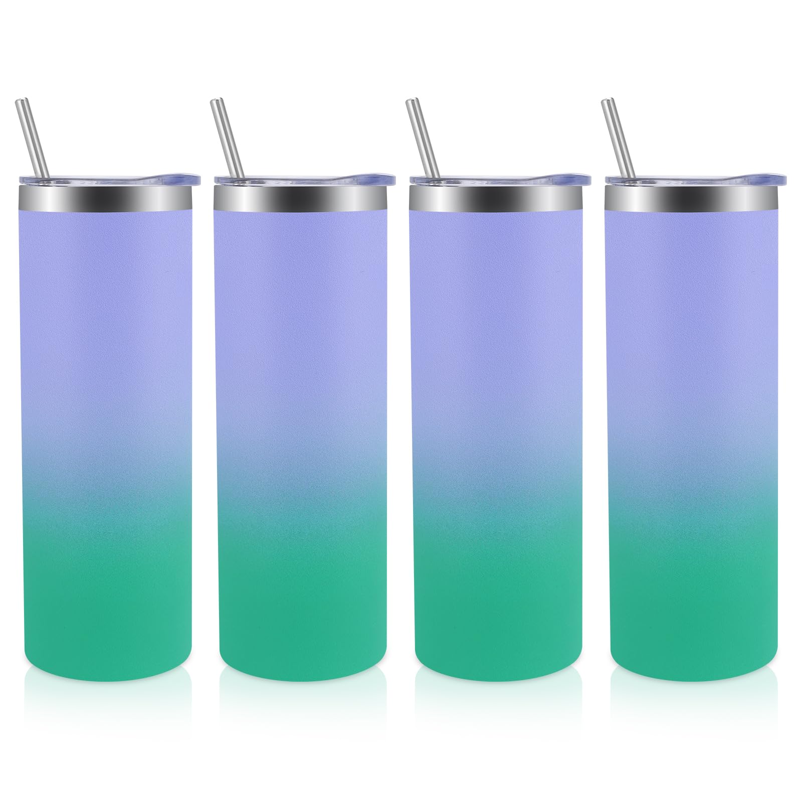 Volhoply 4 Pack Skinny Tumblers with Lid and Straw, 600ml (20oz) Stainless Steel Straight Tumbler Bulk, Vacuum Insulated Coffee Mug for Home, Office, Travel, DIY (Purple Green,4 Pack)