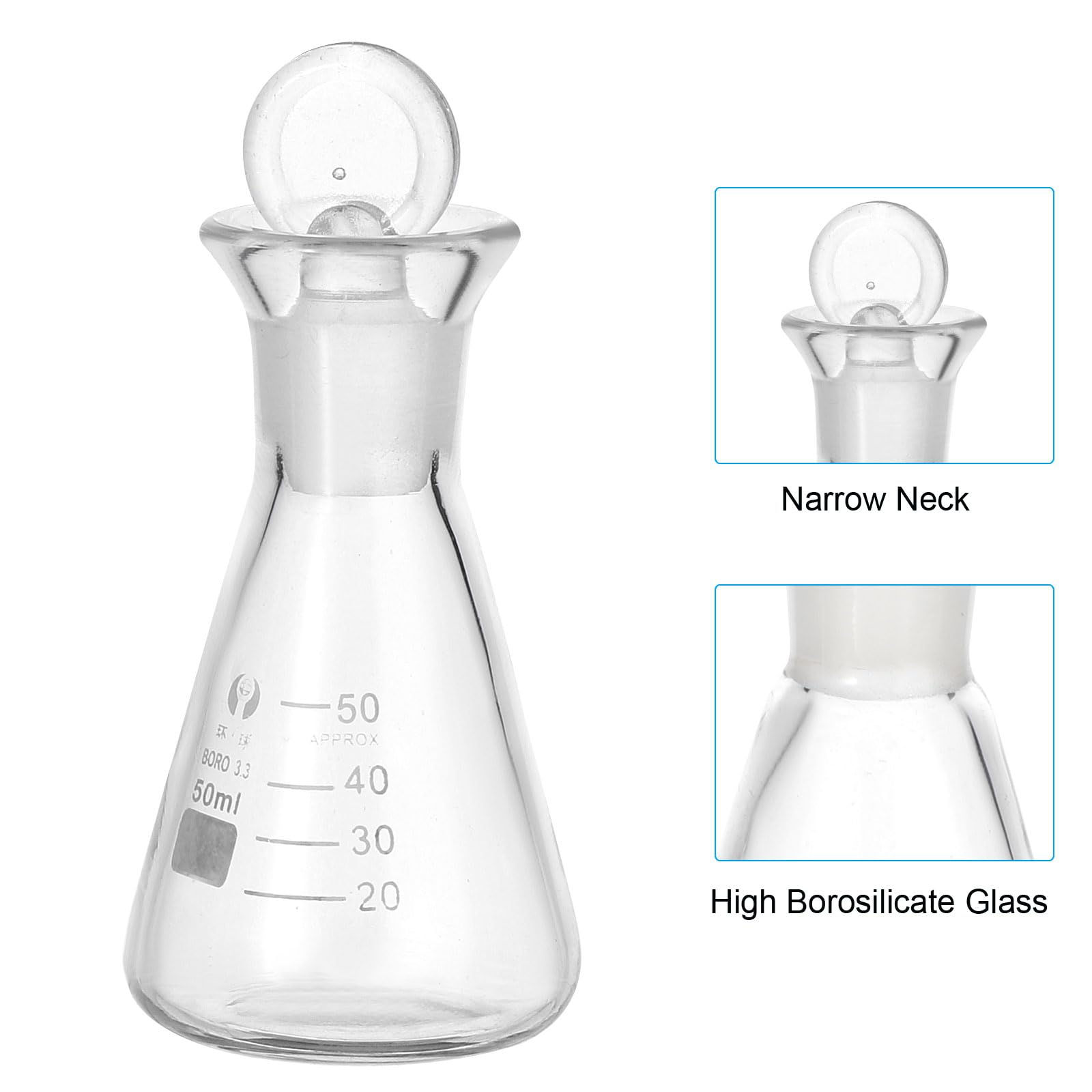 PATIKIL Matraz Erlenmeyer, 3 Pcs 50ml 1.7oz Boca Estrecha Matraces Graduados Con Tapón De Vidrio Matraces De Vidrio Borosilicato Con Escala Impresa Para Experimentos Química Ciencia