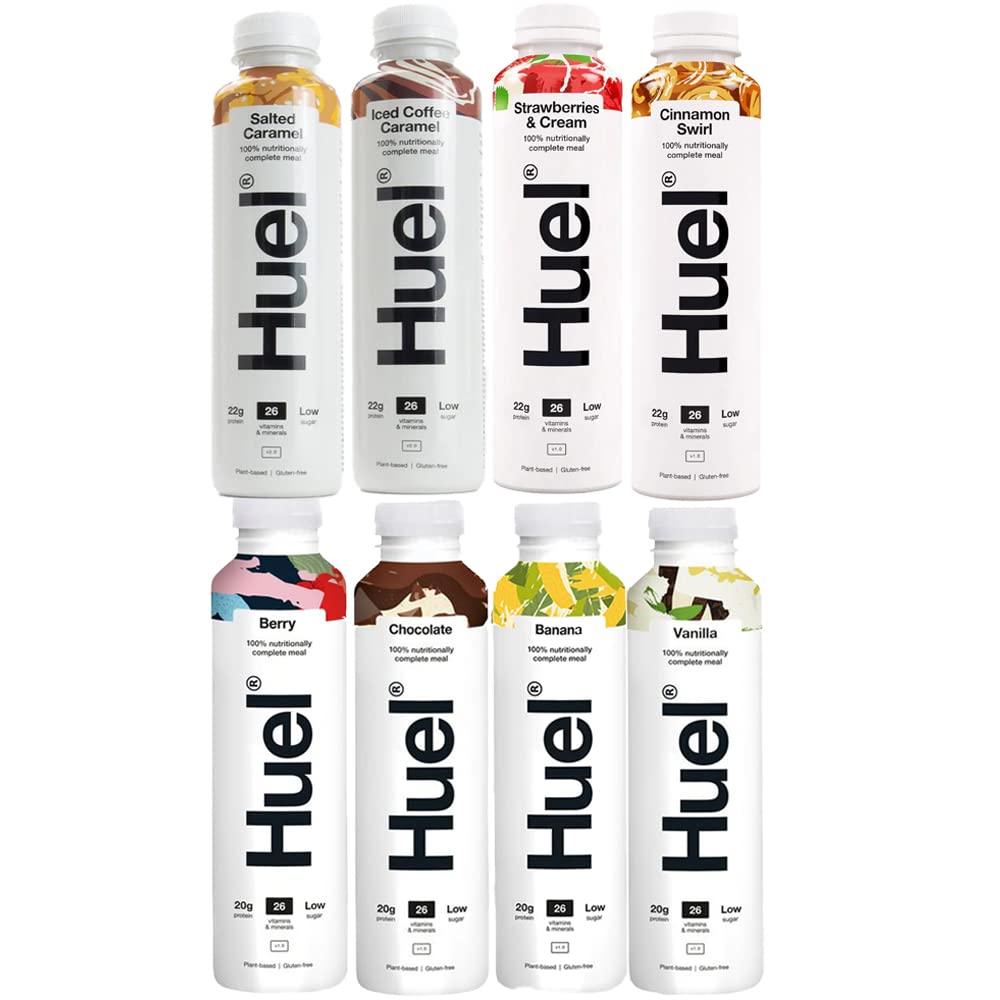 Huel 8X 500ml Assorted Pack (1 x Salted Caramel,1 x Iced Coffee Caramel,1 x Strawberries & Cream,1 x Cinnamon Swirl,1 x Berry,1 x Chocolate,1 x Banana & 1 x Vanilla)