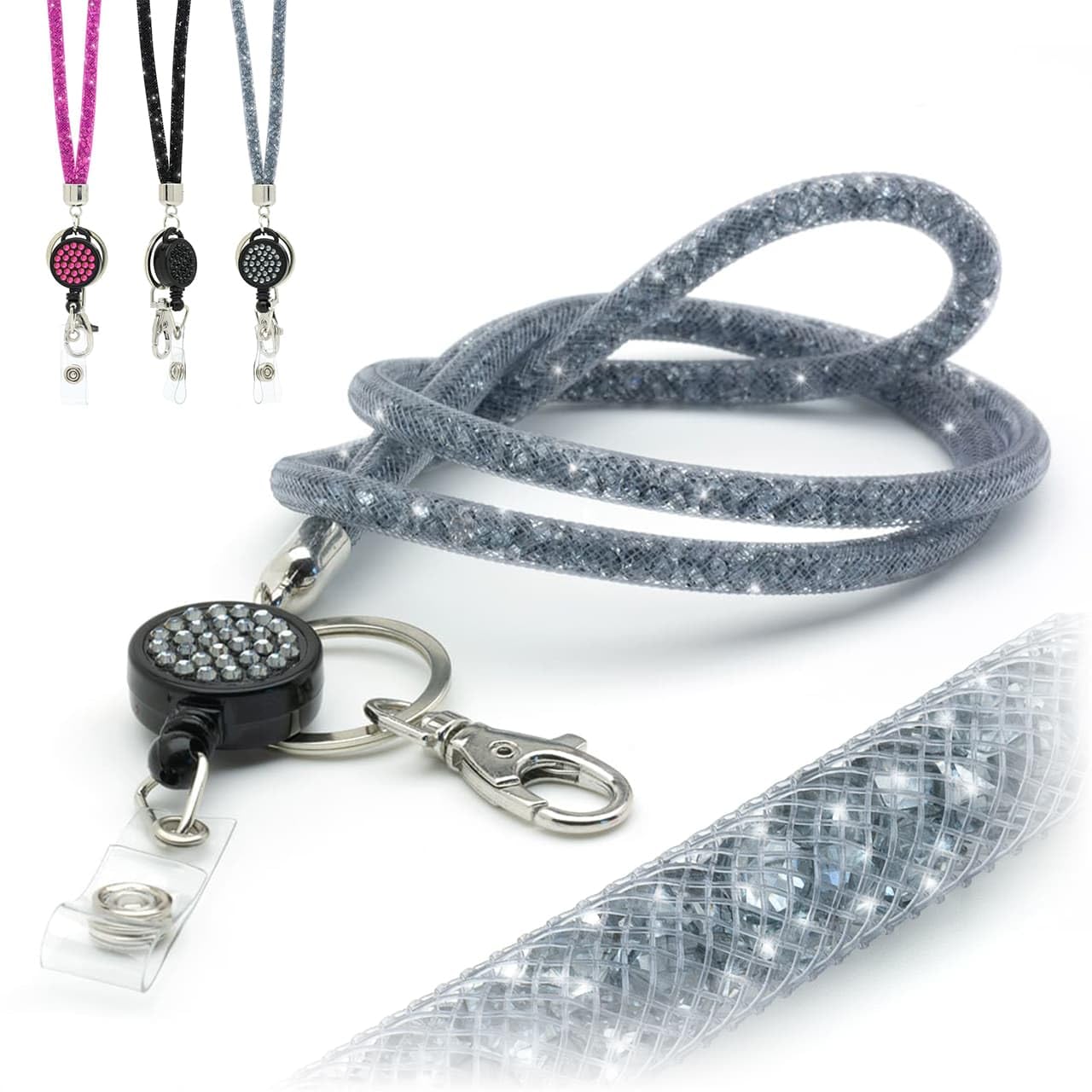 Ckb Ltd Grey Sparkle Lanyard Rhinestone Silver Glitter Crystal Gems Neck Strap With Swivel Metal Clip And Sparkly Bling Retractable Reel Id Badge Holder Clip 1Pc