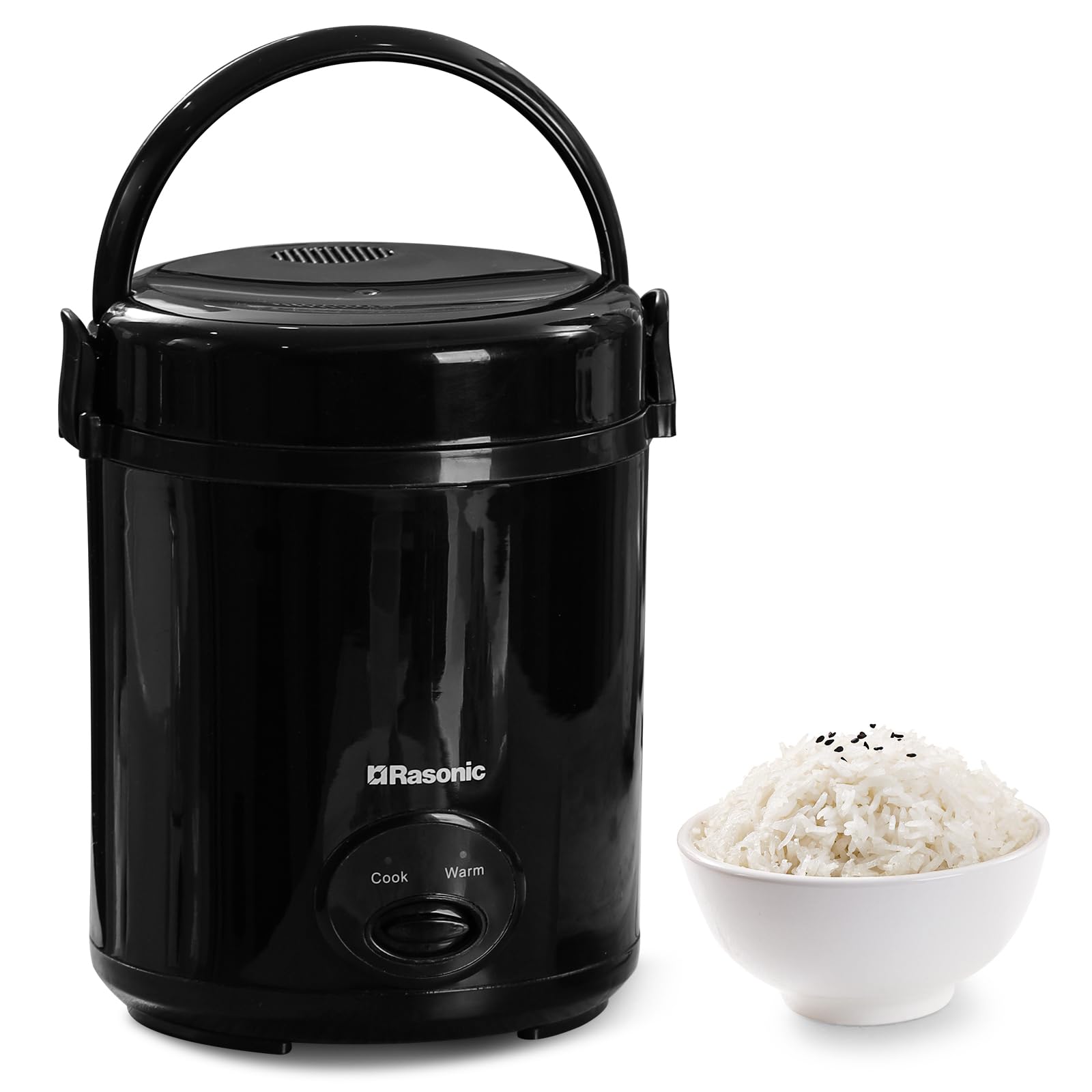 Rasonic Electric Mini Rice Cooker 0.4L, Portable for 1-2 People, with Non-Stick Pot & Food-Grade Steamer, 15-Min Fast Cooking, Auto Keep Warm, One-Touch Operation, Detachable Inner Lid - Black