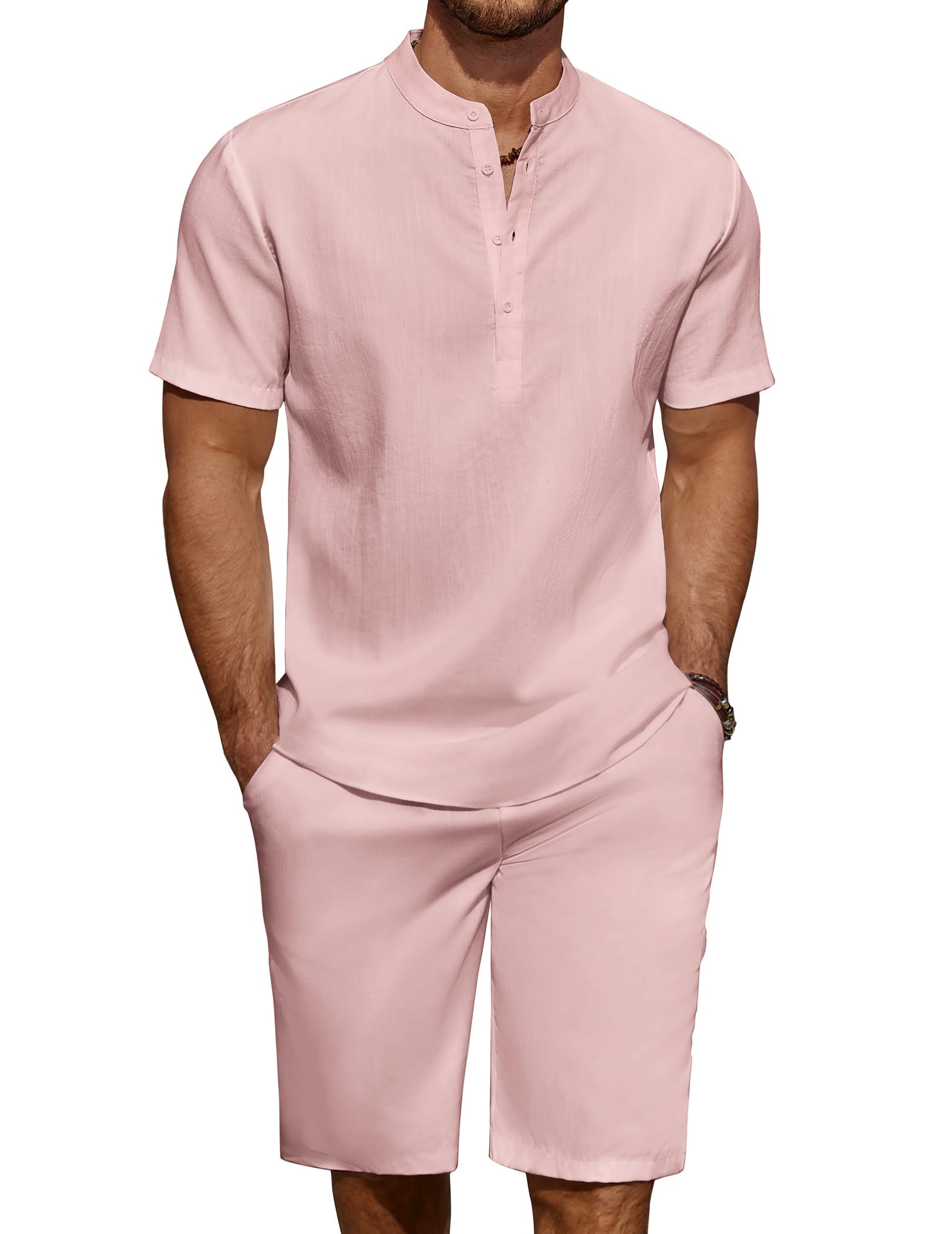 COOFANDY Set di 2 pezzi da uomo in lino casual Henley camicie a maniche corte da spiaggia pantaloncini da yoga pantaloni estivi | Chiusura con bottoni, spiaggia, estate, leggero, traspirante, coulisse regolabile