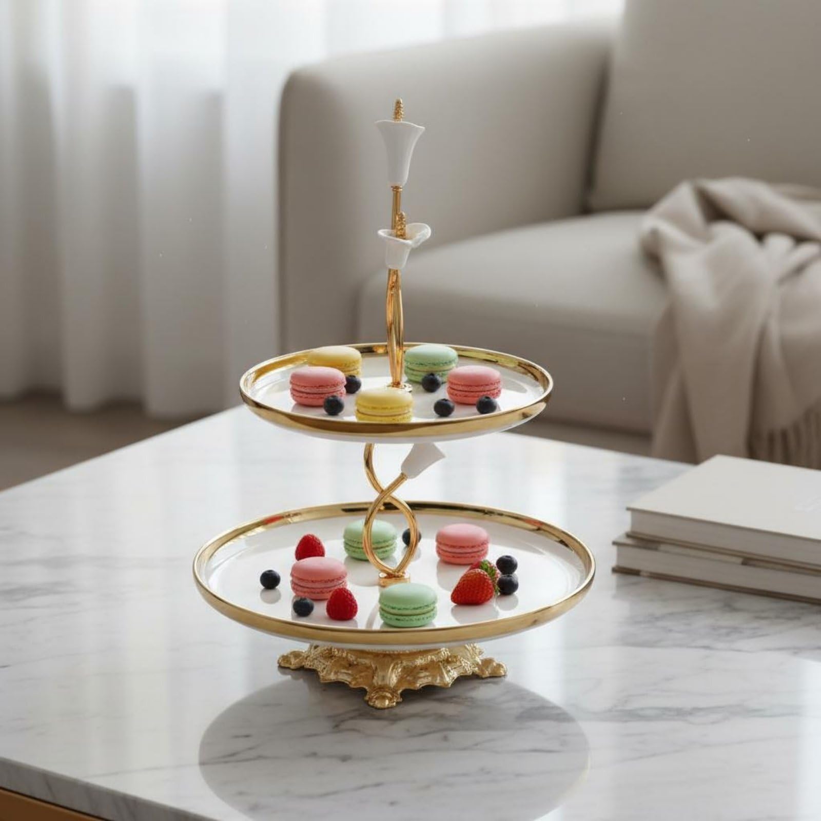 Qianly Piatto da Dessert in Ceramica Alzata a Due Livelli Vassoio Frutta Supporto Dolci Centrotavola con Telaio in Ferro E Decorazioni Floreali Elegante E, Moderno-B