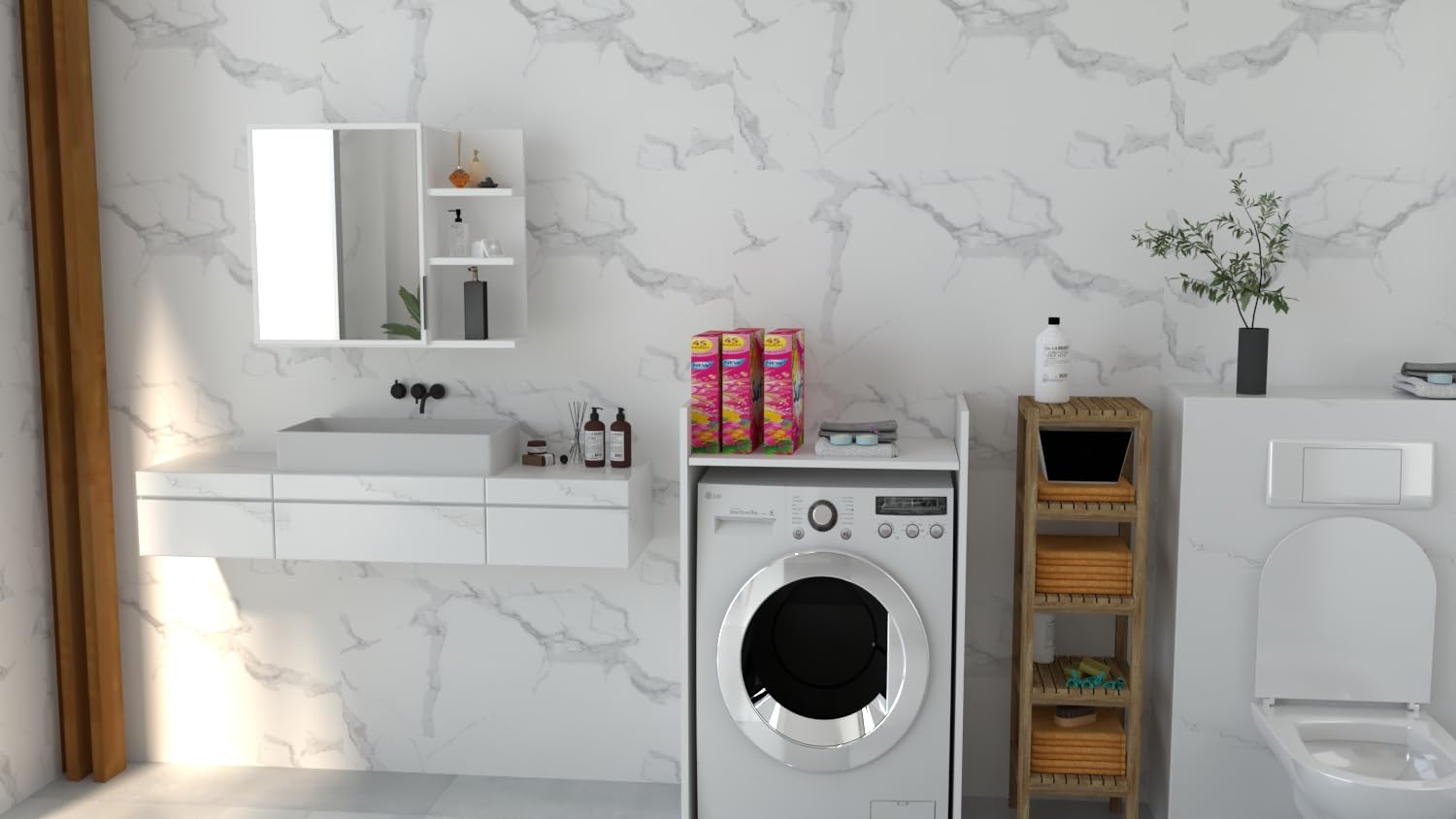 GERMAN Cosmo Spiegelschrank, Badezimmerschrank, Hängeschrank 60x50 cm, Weiß, mit 3 offenen Fächern & 2 Innenablagen, moderner Badschrank mit großem Spiegel, hergestellt in der EU