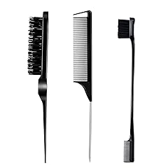 3 Pieces Hair Styling Comb Set Teasing Brush Rat Tail Comb Edge Brush for Edge&Back Brushing, Combing, Slicking Hair for Women (Black)