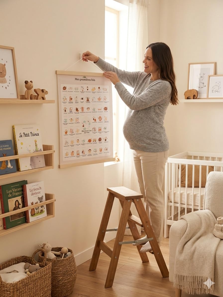 Générique Mes Premières Fois Bébé – Affiche Souvenir A3 avec Baguettes en Bois et Fil de Suspension – Décoration Chambre Bébé Garçon ou Fille – Cadeau Naissance Original