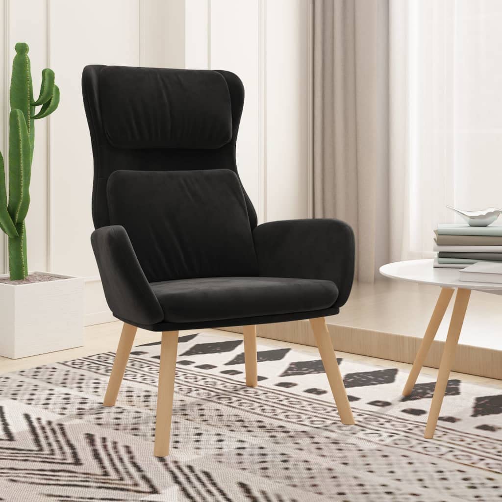 Poltrona relax in velluto nero, moderna poltrona imbottita con gambe e braccioli in legno massiccio, comoda poltrona da soggiorno per il relax, poltrona per TV, portata fino a 110 kg