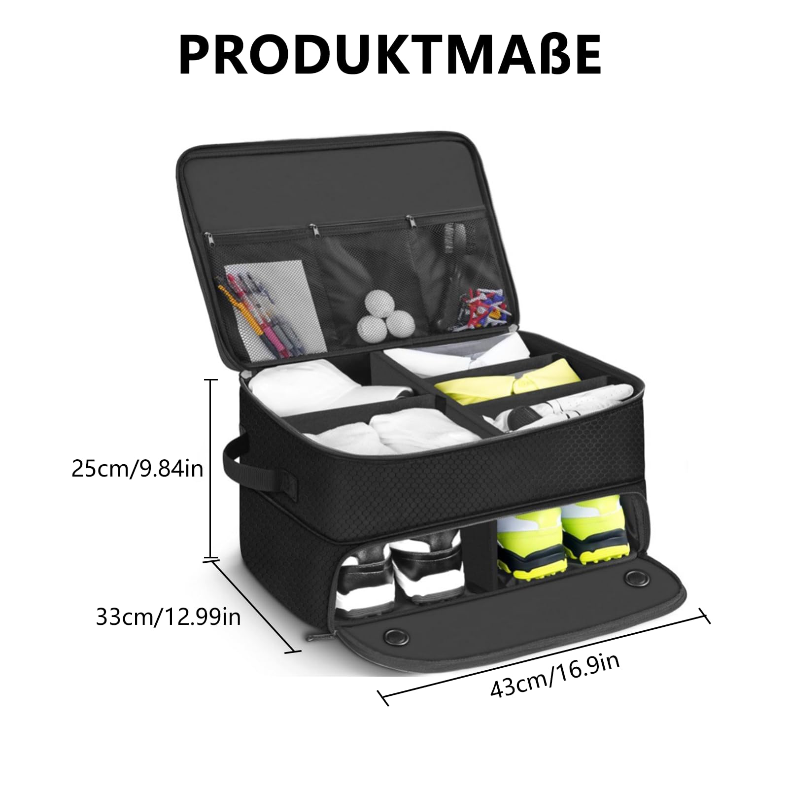 Golf-Kofferraum-Organizer,2-lagiger Golf-Spind für Auto,16.99*12.9*9.84in Golf Trunk Organizer,Auto-Aufbewahrung für Golfzubehör,wasserdichter Auto-Golf-Schließfach mit separatem, belüftetem