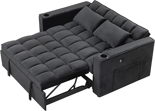 Miniatura 6 de Sofá futón multifuncional 3 en 1, sofá biplaza convertible de 2 plazas con respaldo ajustable, cómodo sofá de tapicería Sofacama, color negro, 55.3