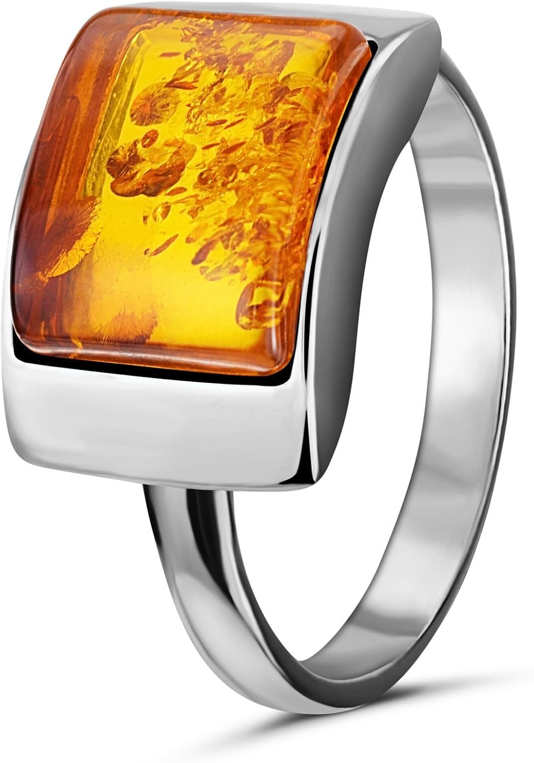 HolidayGiftShops Sterling Silver Baltic Honey Amber Ring for Women - Rectangular Genuine Baltic Amber Cabochon, 925 Silver Natural Gemstone Jewelry, “Sunniva”
