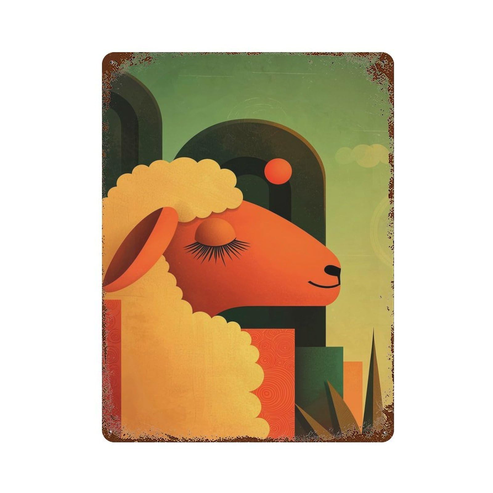 Garage Style Sleeping Sheep Illustration Aged Metal Wall Plaque 15.7"x11.8", Novelty Wall Decor for Bar And Workshop