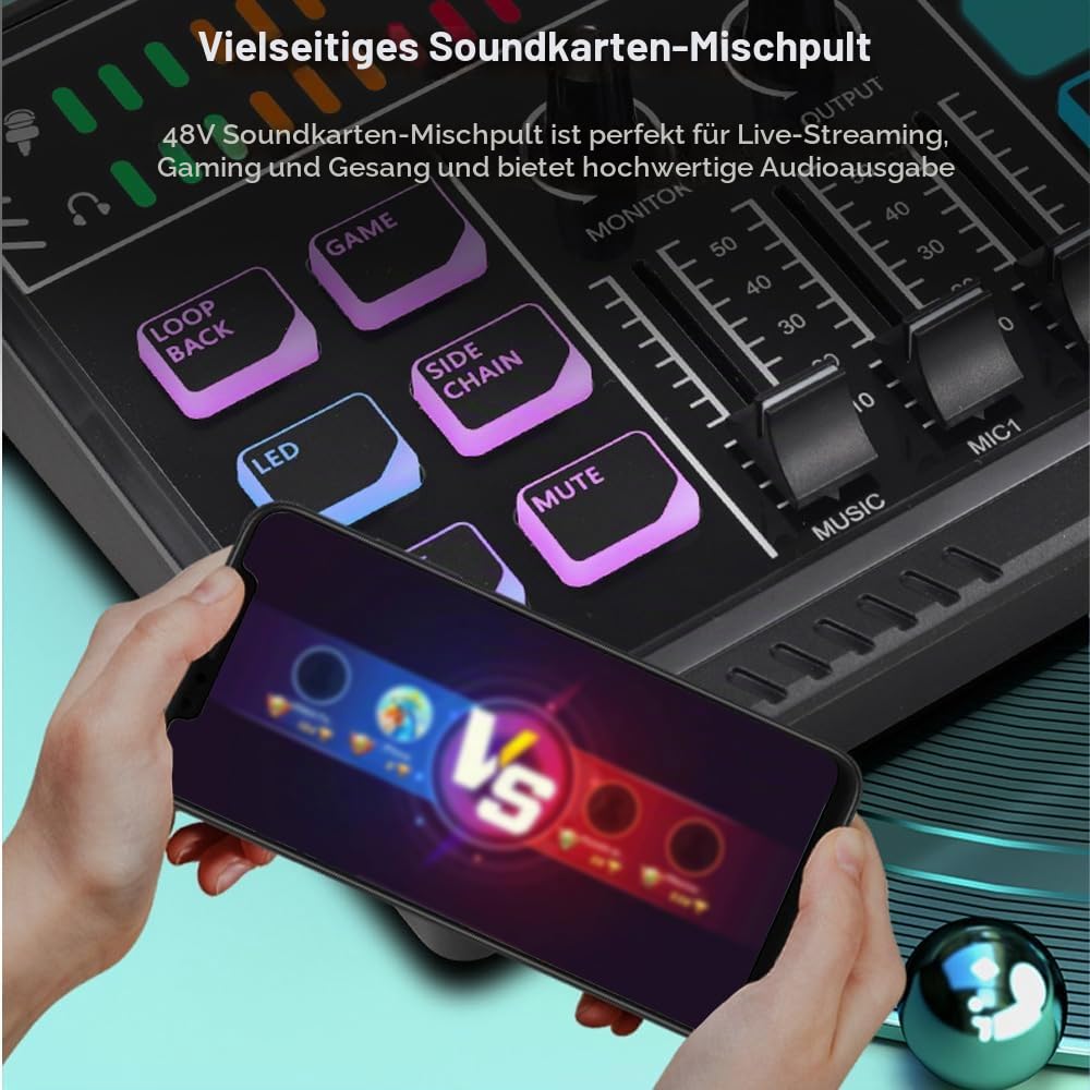 Btuty Gaming Audio Mixer mit 48V Phantom Power, RGB Mischpult für XLR Mikrofon, BT Soundkarte für Streaming