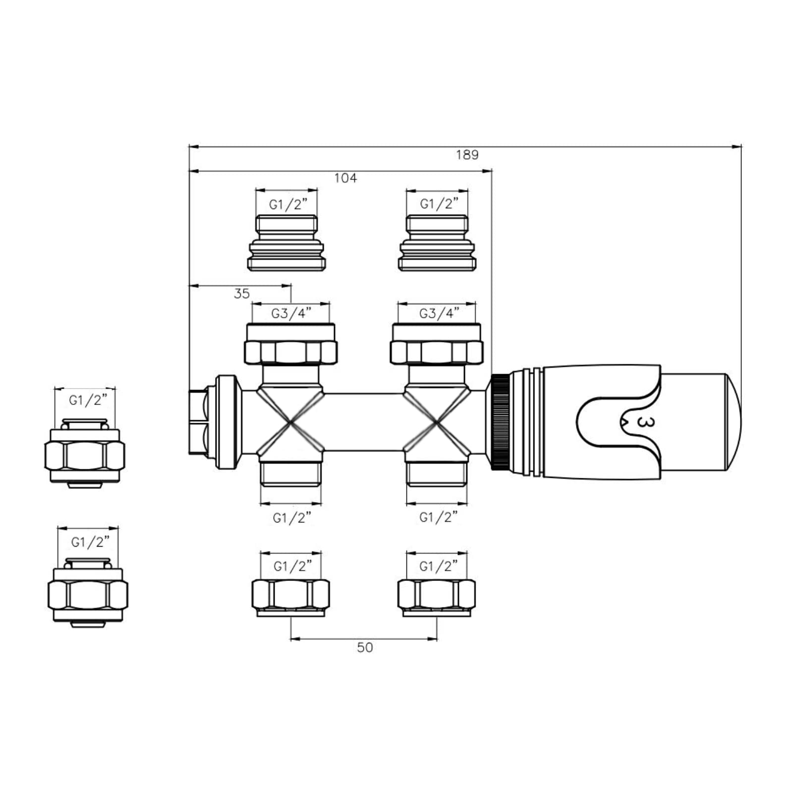 STEINHIRSCH Multiblock Set per termosifoni, collegamento centrale, distanza del mozzo, 50 mm, piastra termica, valvola termostatica per termosifoni (antracite)