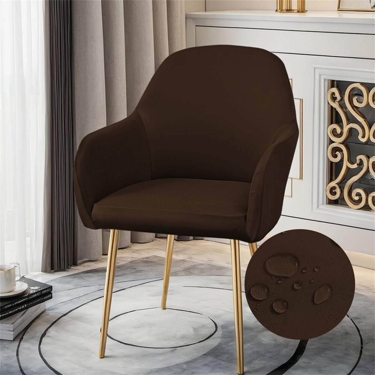 Highdi Waterproof Stretch Dining Chair Covers Soft Curved Back Chair Slipcovers with Armrest, Vanity Swivel Armchair Cover Removable Washable for Bedroom Party Hotel (Dark brown,6 PCS)