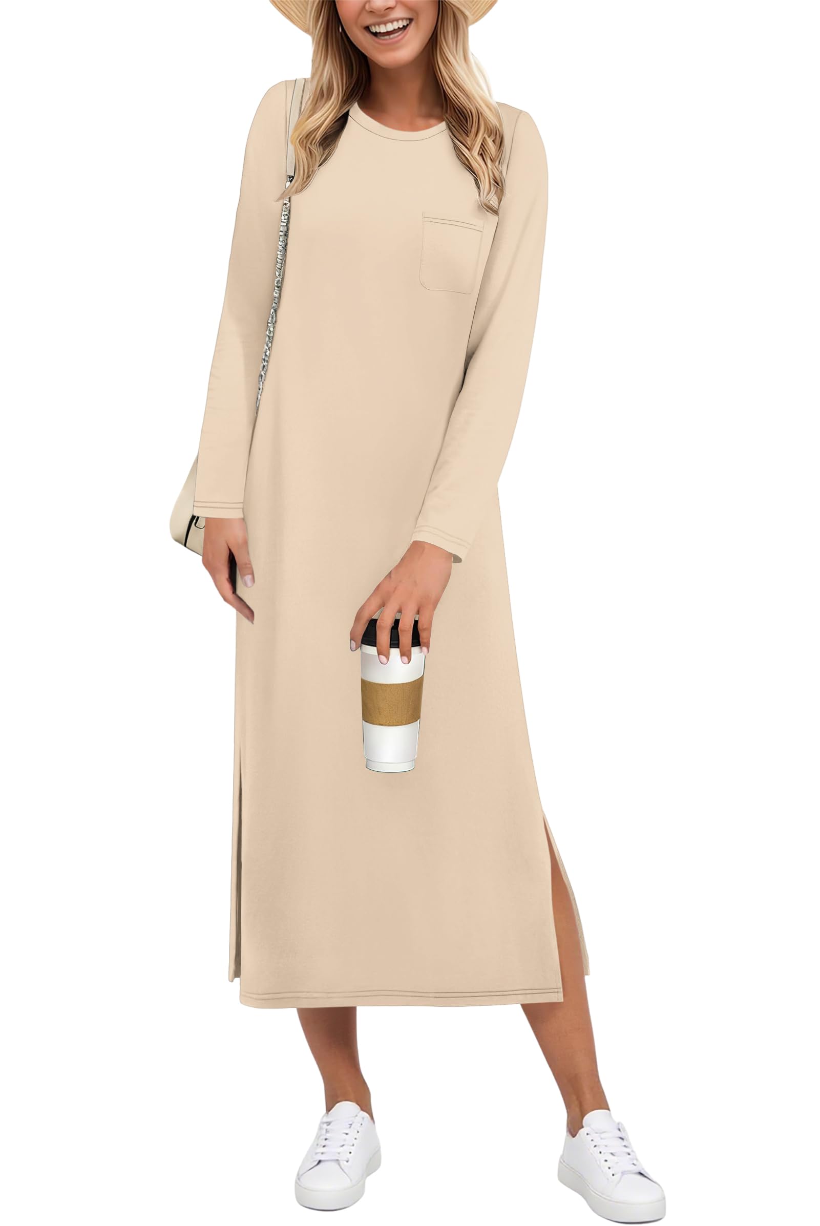 Auselily Women's Apricot Winter Dresses For Uk Maxi Split Loose Long Sleeve Dress Casual Dresses L