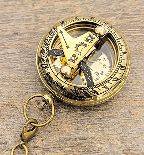 image for KNB HANDICRAFT Brass Sundial Compass with Leather Case and Chain - Pus