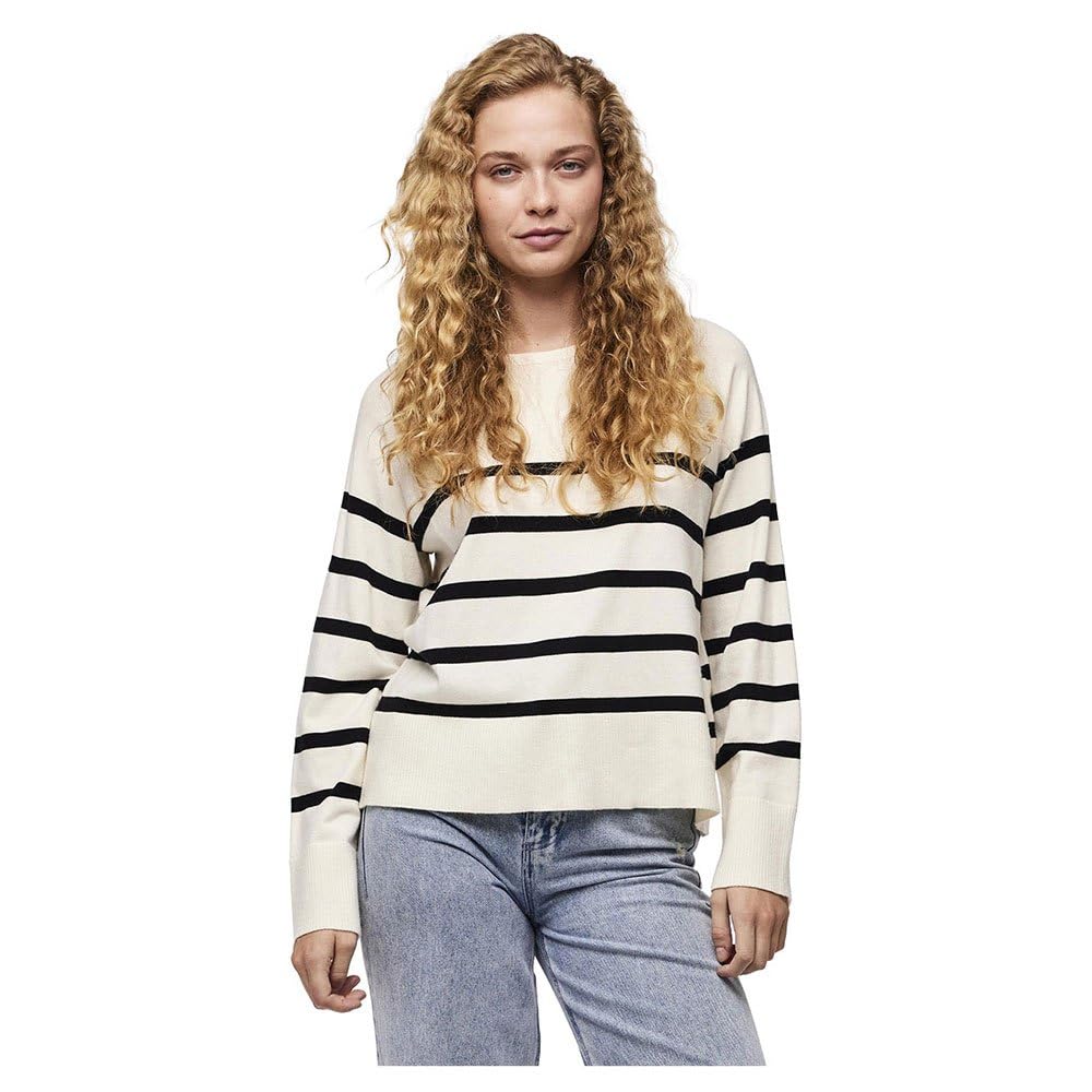 PIECES Women's Pcsia Ls Knit Noos Bc Pullover Sweater, White/Stripes: Black, S