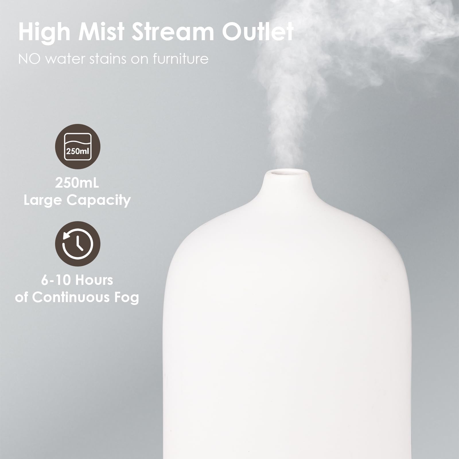 Dreamhigh Keramische aromadiffuser, 250 ml, wit, ultrasoon voor etherische oliën met 7 kleuren ledlicht, elektrische luchtbevochtiger, timer, automatische uitschakeling