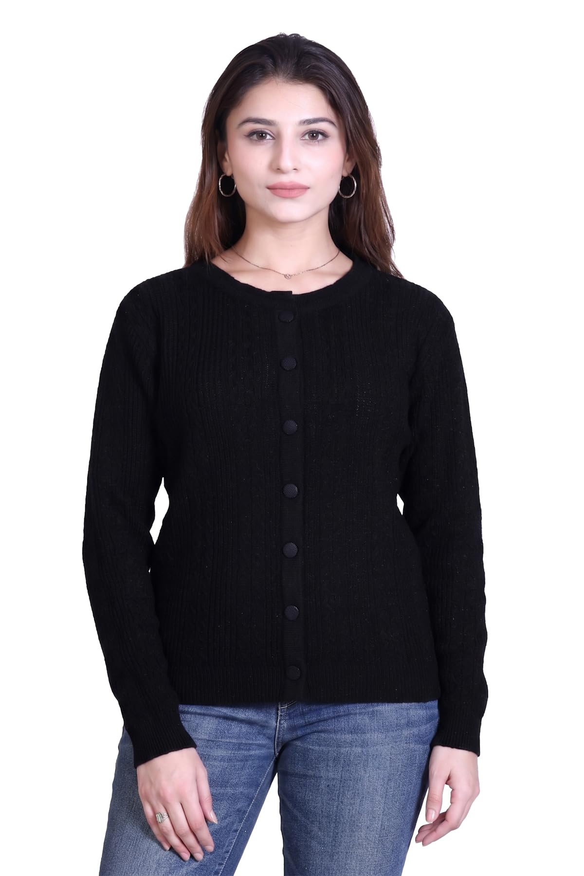 Full Sleeve Round Neck Short Style Woollen Cardigan for Women-image-0