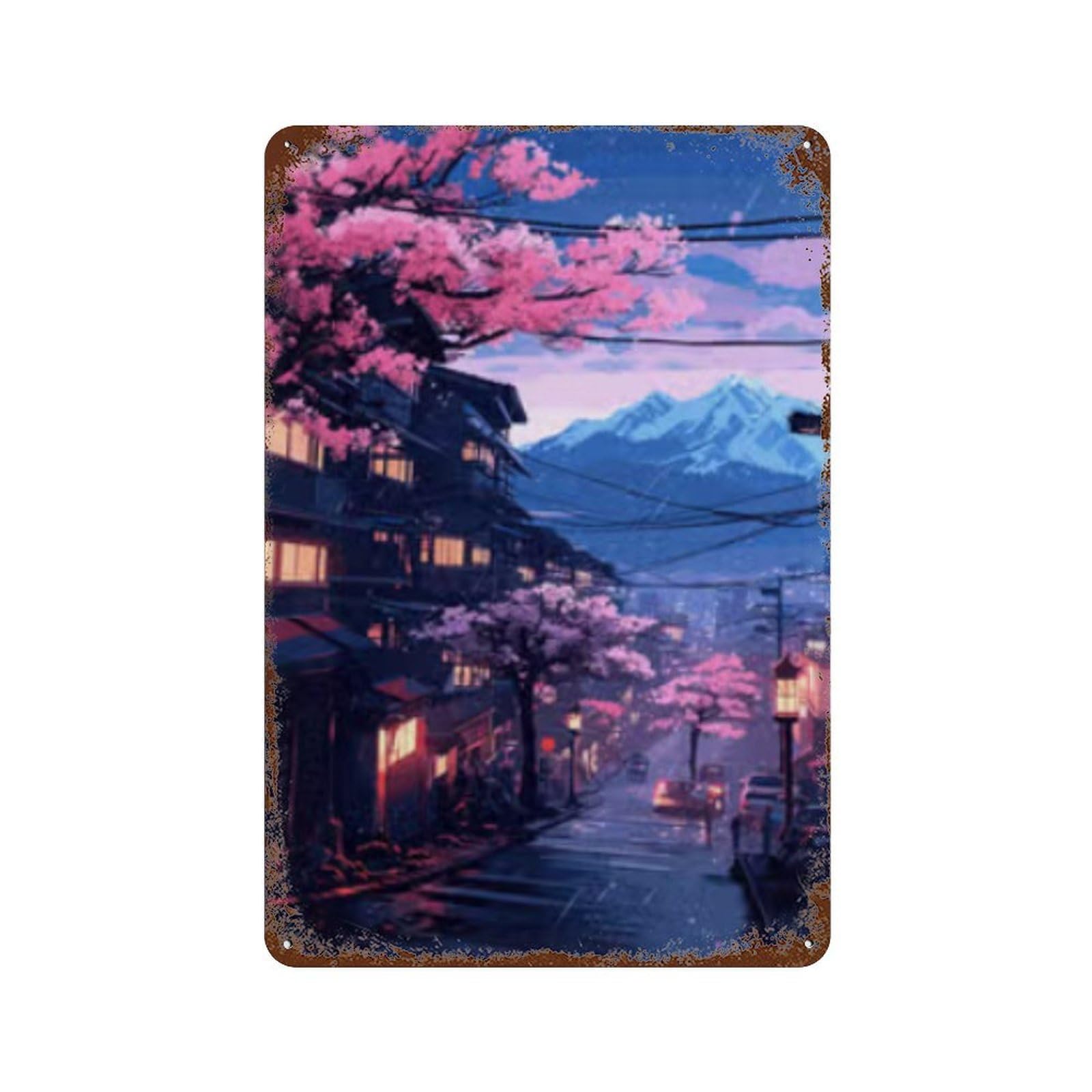 Cherry Blossom Townscape 11.8"x7.9" Rust Effect Tin Sign, Vintage Wall Decor for Farmhouse, Kitchen And Entryway Decor