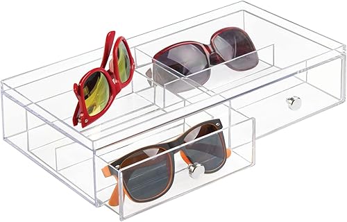 Miniatura 7 de mDesign - Organizador de plástico apilable para lentes y gafas de sol con 2 cajones divididos y tiradores de cromo para accesorios.