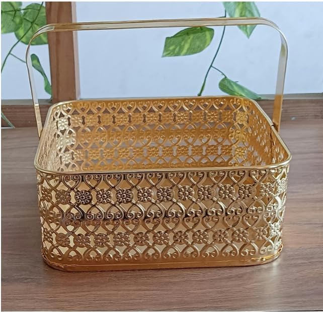 Bellforge Global Flower Basket 25cm x9cm | Material: Metal | Golden Colour | Square Shape | Handle present | Storage basket | Hamper,Decorative basket | Golden Metal basket-image-4