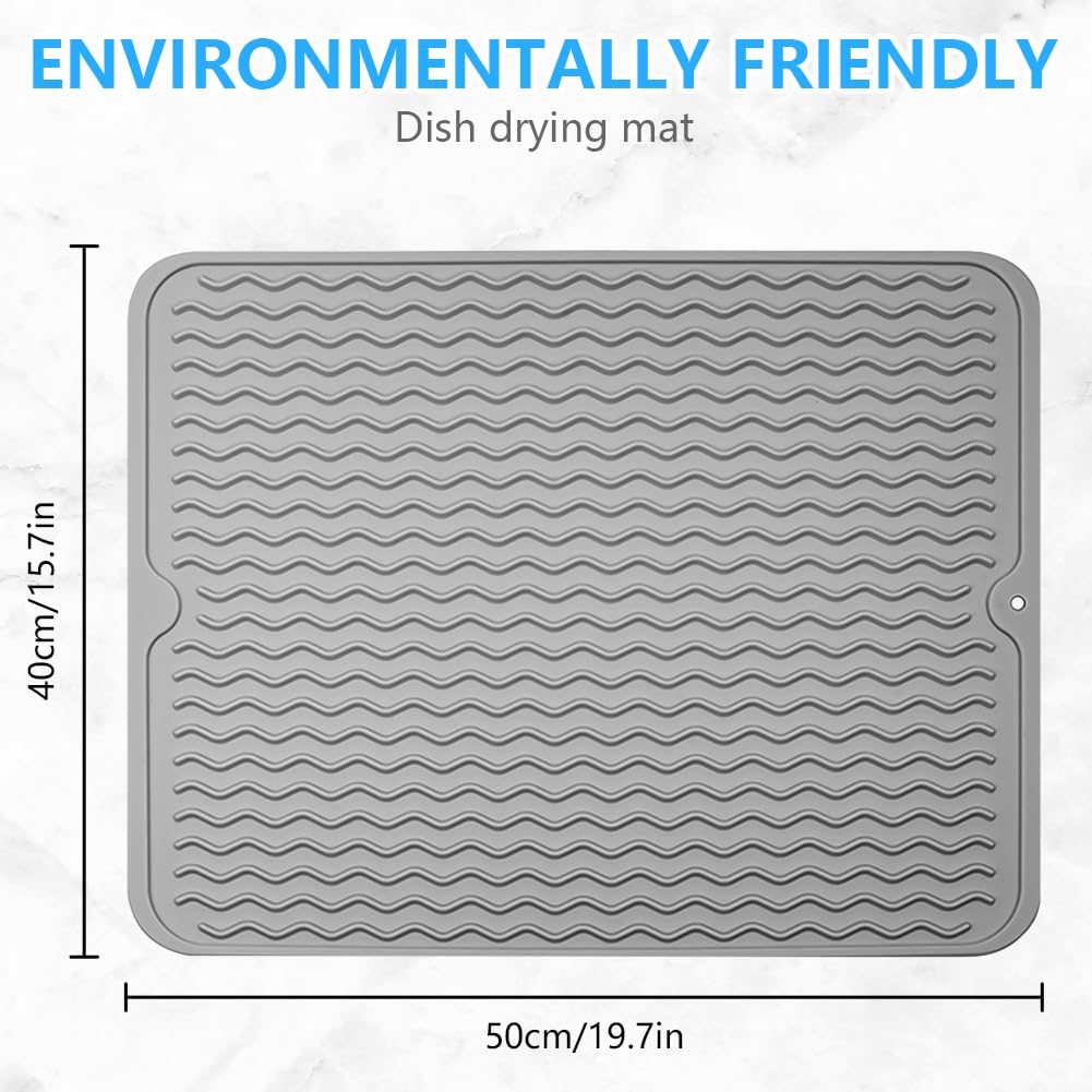OSDUE Alfombrilla Escurreplatos de Silicona,50 x 40cm Alfombrilla Escurreplatos Plegable,Estera Para Lavar Platos Enrollable Antideslizante Resistencia a Altas Temperatura para Cafetera,Gris
