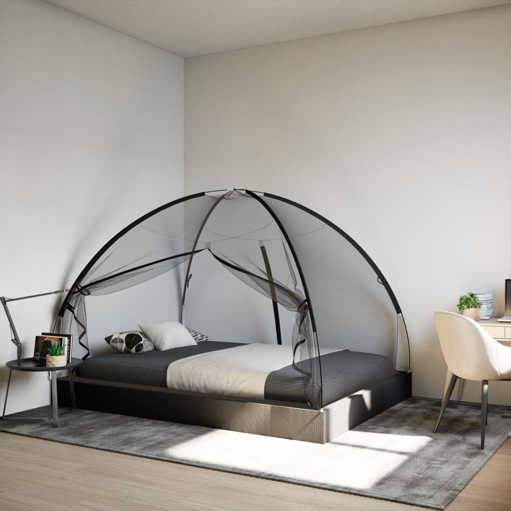 Moustiquaire pour Lit, Moustiquaire Dôme Tente de Lit Pliable avec Portes 220 Maille Noir 200x150x140 cm