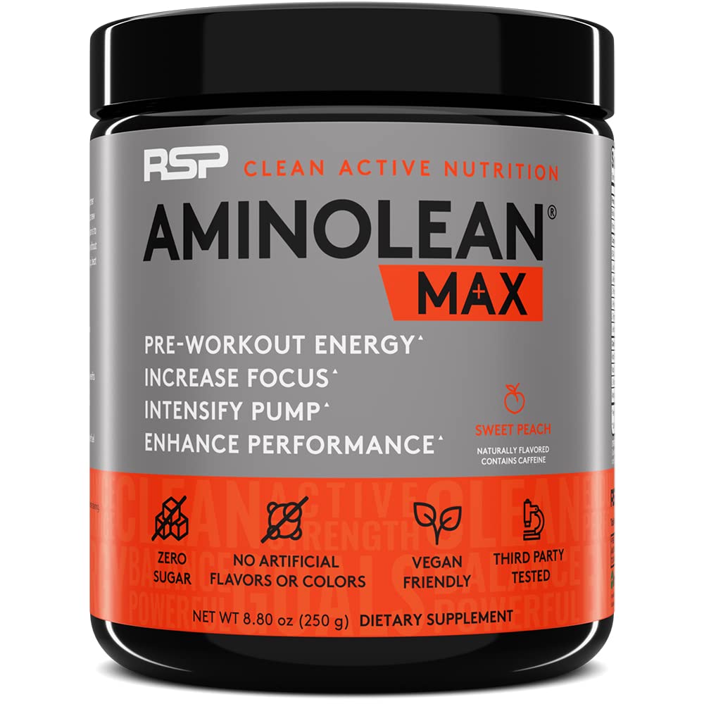 RSP NUTRITION AminoLean MAX Pre Workout - Intense Energy, Massive Pumps, Laser Focus with Natural Caffeine, Nitric Oxide, Beta Alanine, BCAAs, Nootropics, 25 Serv