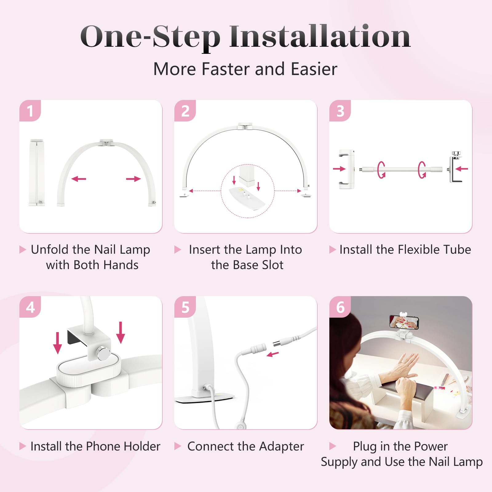 Media Luna Lámpara para Uñas: 23" Lampara Media Luna con Soporte para Teléfono - 3 Modos de Color y 10 Niveles de Brillo Ajustables para Manicura (Blanco, Pequeño)