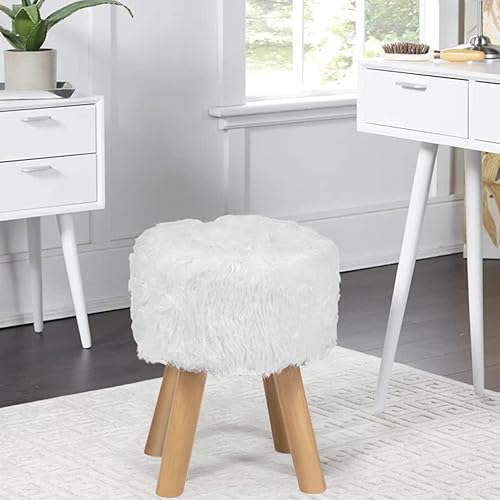 Miniatura 5 de Adeco Taburete pequeño otomano redondo con patas de madera, taburete de tocador peludo, reposapiés acolchado para mascotas, taburete para sala de