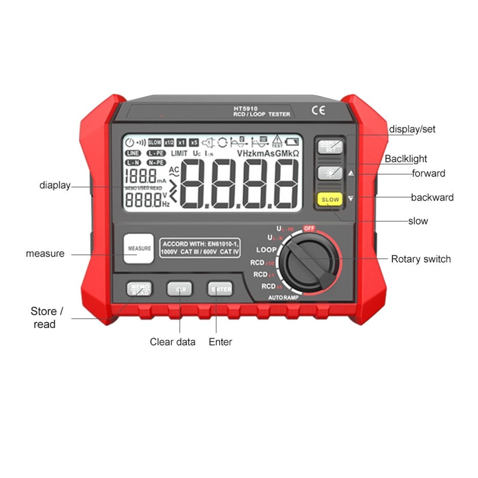 Medidor de resistencia, Medidor De Resistencia Digital LCD Grande 4,7 Pulgadas RCD/probador Bucle 1000 Almacenamiento Datos 0~440V Probador Interruptor Fuga(2302)
