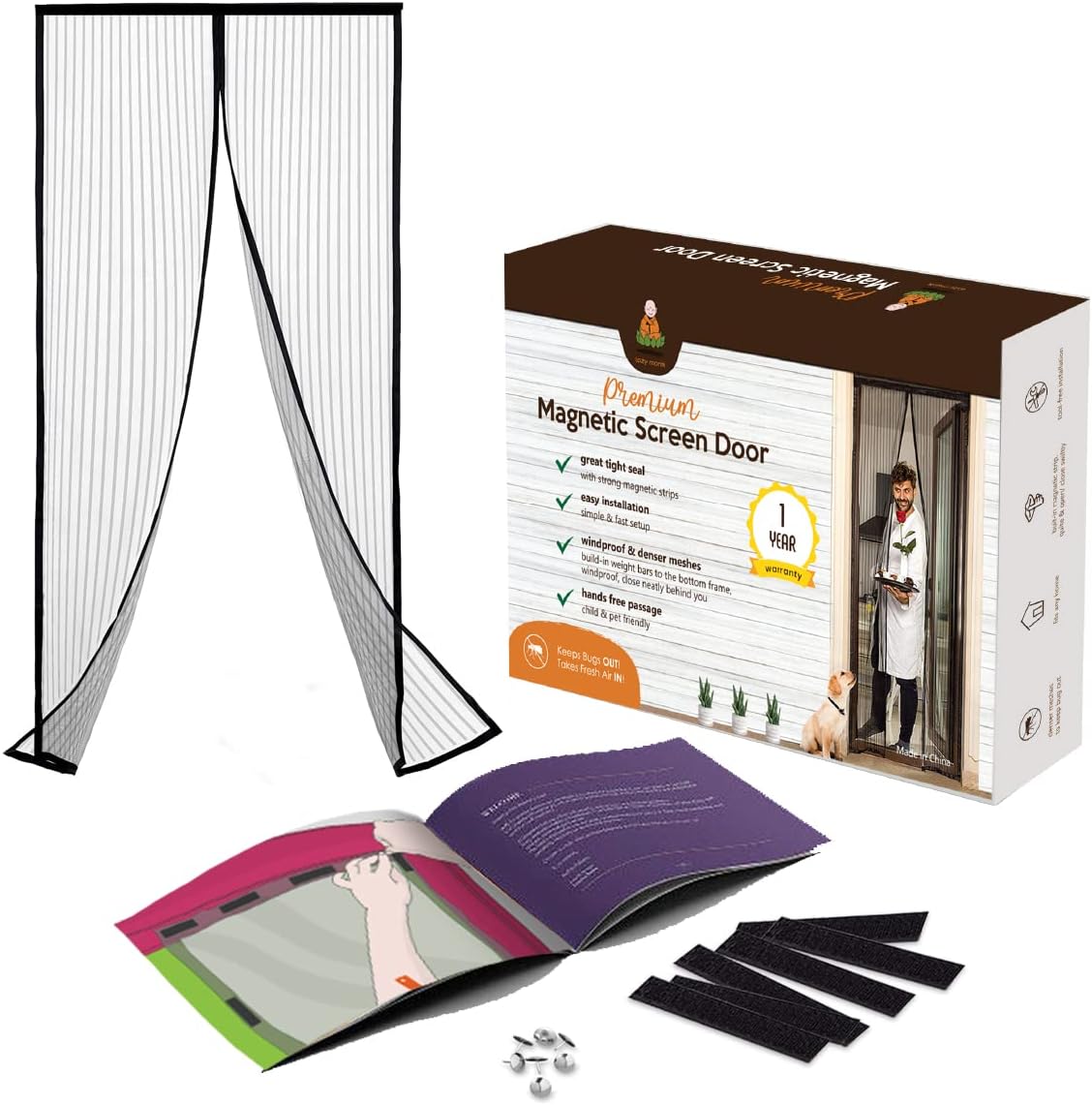 Magnetic Screen Door w Magnet Closure & Velcro 36 x 80 I Doorway Curtain Hanging Cover | Pet & Dog Friendly Patio / Front Door Mesh Weighted Bottom, Fly, Insects, Bug Net | Mosquitero para Puertas