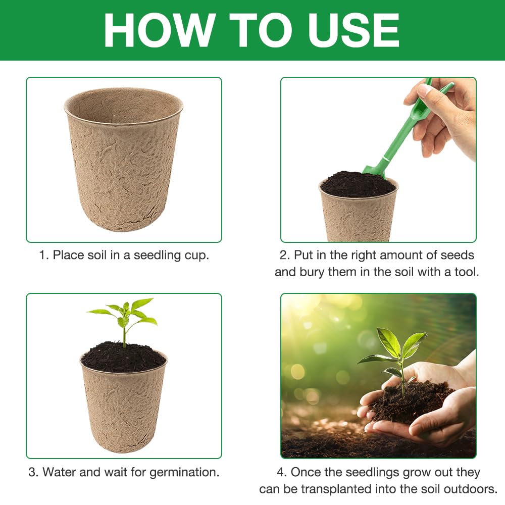 AVCXEC 100 Pcs Fibre Seed Pots, 8cm Round Biodegradable Plant Pots, Seedling Pots with 100 Pcs Plastic Plant Labels and Widger & Dibber, Plant Nursery Pots for Seedlings, Vegetables, Flowers and Herbs - Image 4