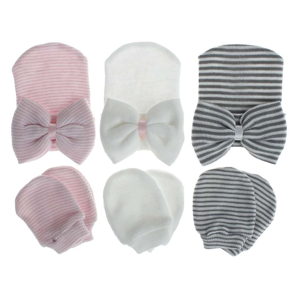 LNICEAR Newborn Baby Girls Hospital Hat Mittens Set with Big Bows Soft Cute Beanie Infant Hats Scratch Gloves 0-3 Months