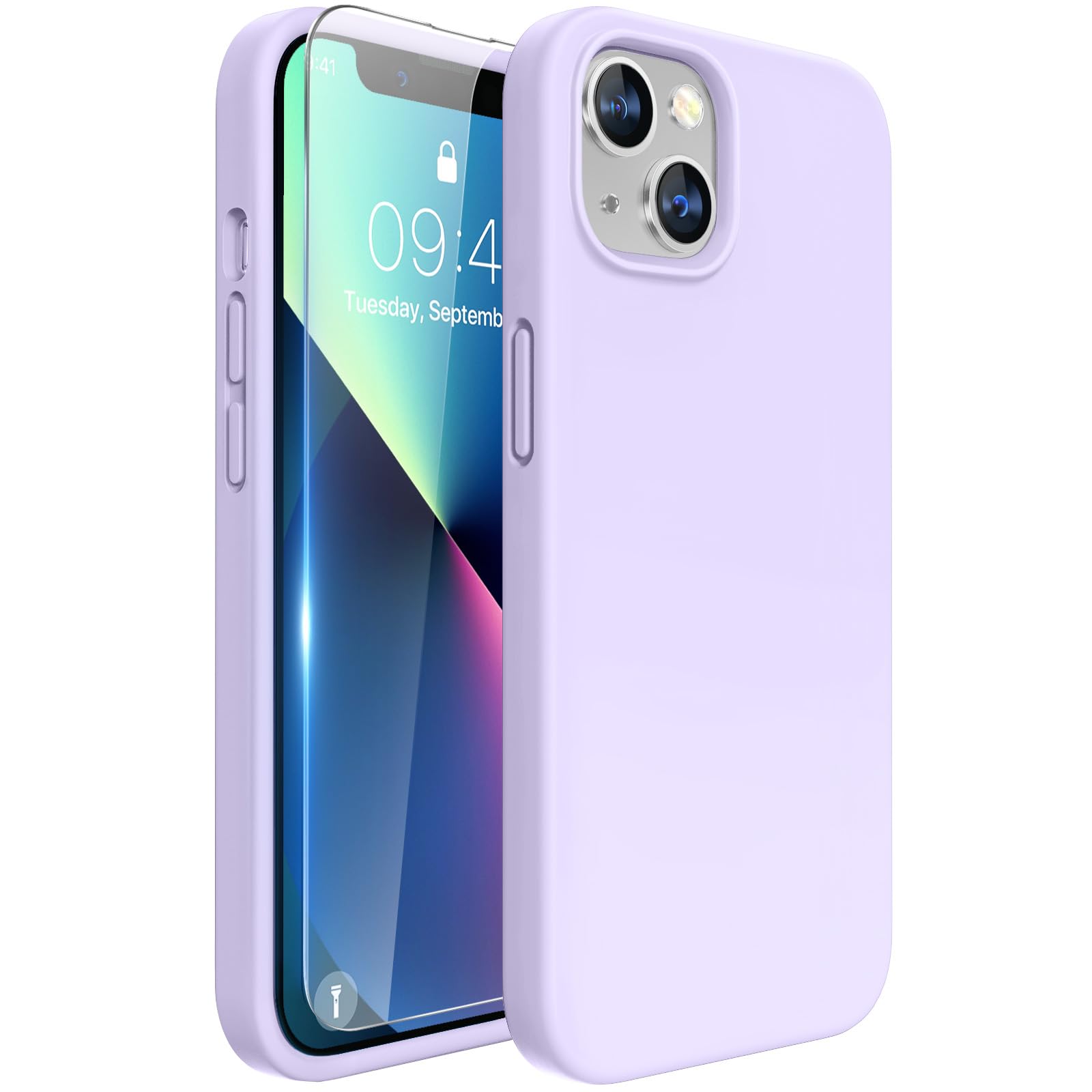 Photo 1 of Miracase Designed for iPhone 13 Case, with Tempered Glass Screen Protector, [Soft Anti-Scratch Microfiber Lining], Shockproof Liquid Silicone Rubber Phone Case Cover for 13 6.1 inch, Light Purple