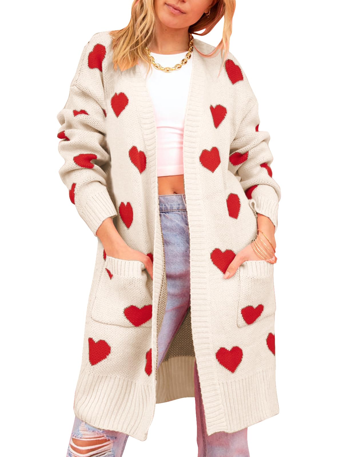 HOULENGS Womens Cute Heart Long Cardigan Sweaters V Neck Ribbed Knit Open Front Sweater Coats with Pockets