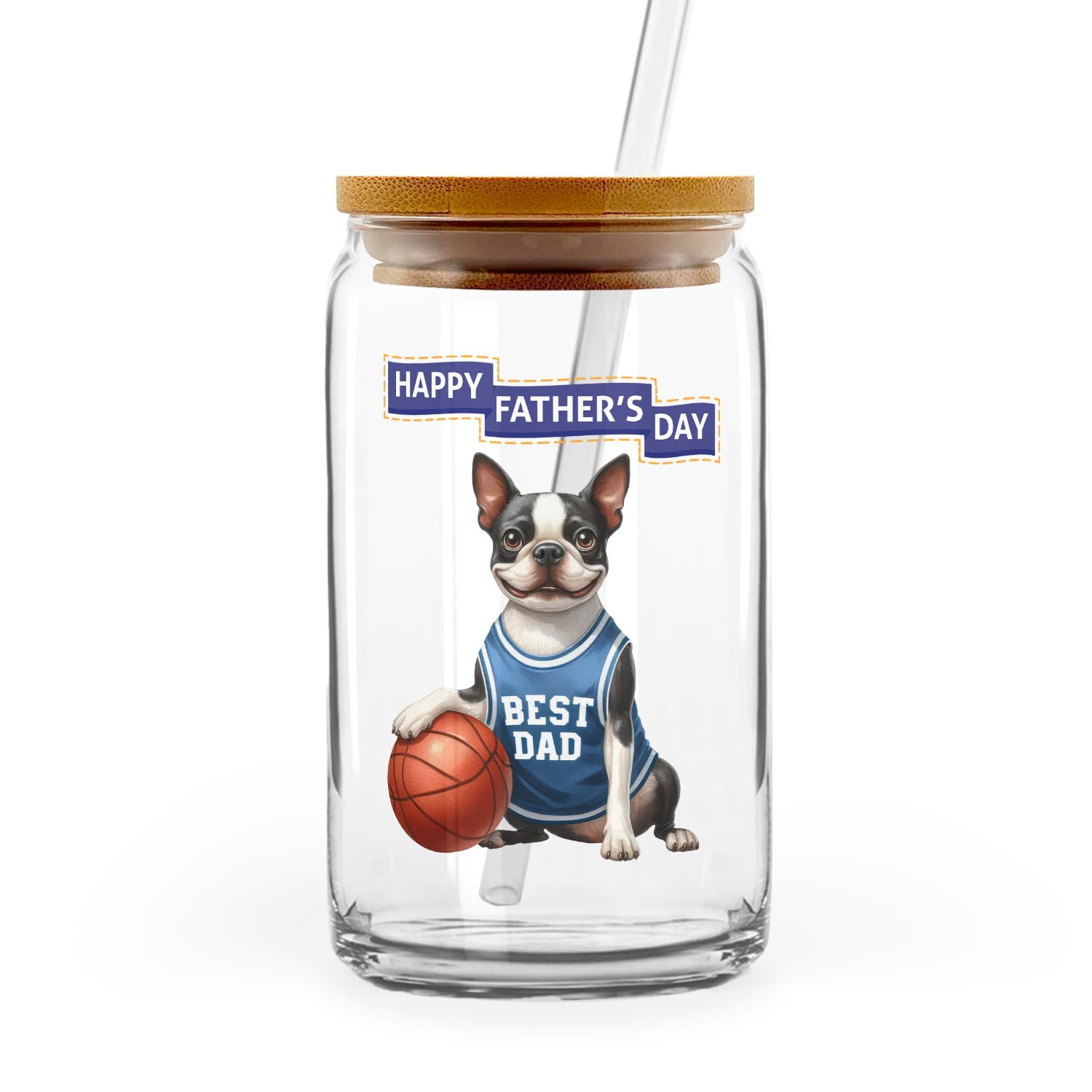 Ninety3POD Happy Father's Day Boston Terrier Playing Basketball with Best Dad Jersey Glass Cup Mug Gentleman Dog Lover Gifts 16oz Glass Can with Bamboo Lid and Straw 13006