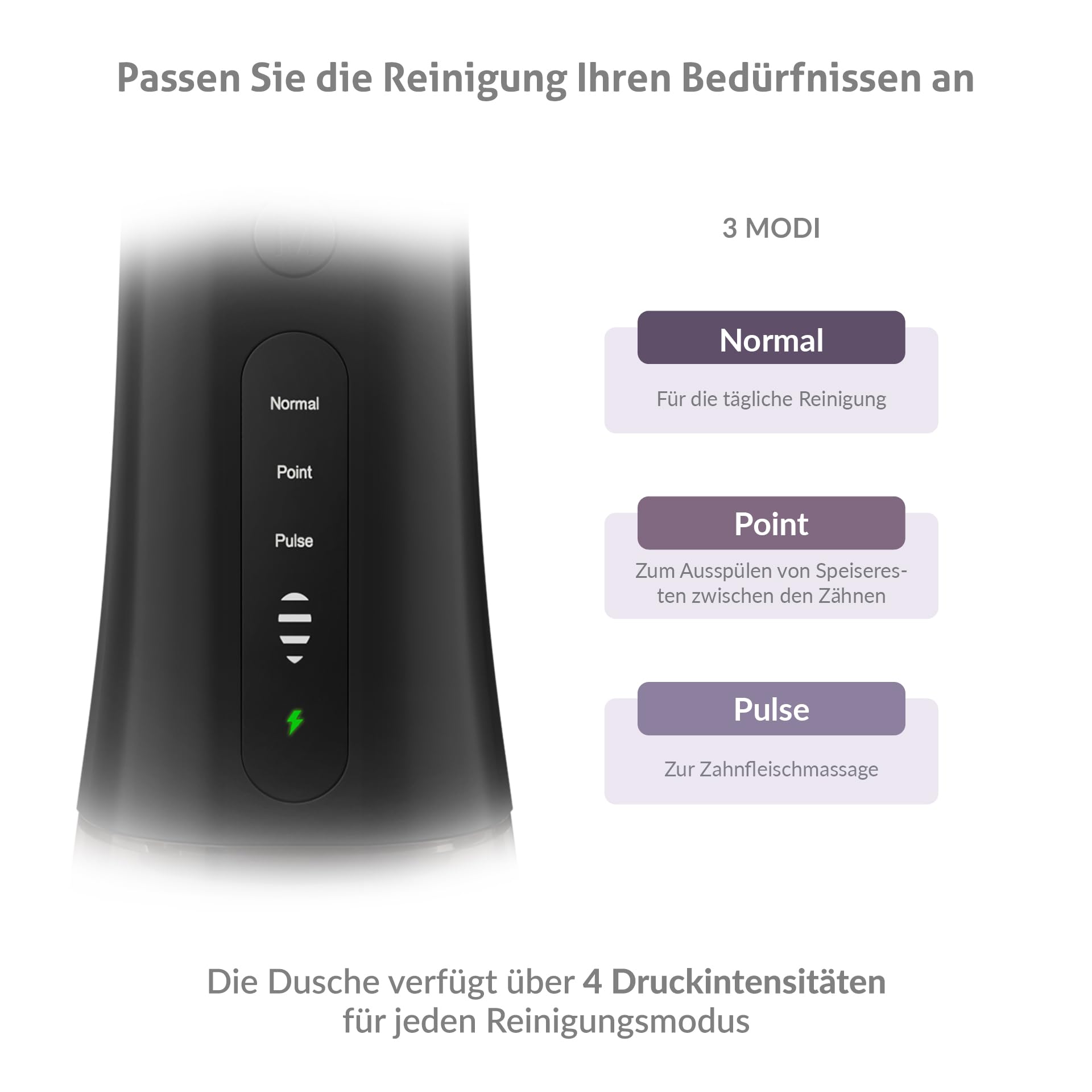 TrueLife AquaFloss Compact L100 Munddusche kabellos, tragbar, 300ml Tank, 3 Modi, 2 Druckstufen, IPX7, USB, 6 Düsen im Paket Zahnzwischenraum-Reinigung, Zahnspange/Implantate (Schwarz)