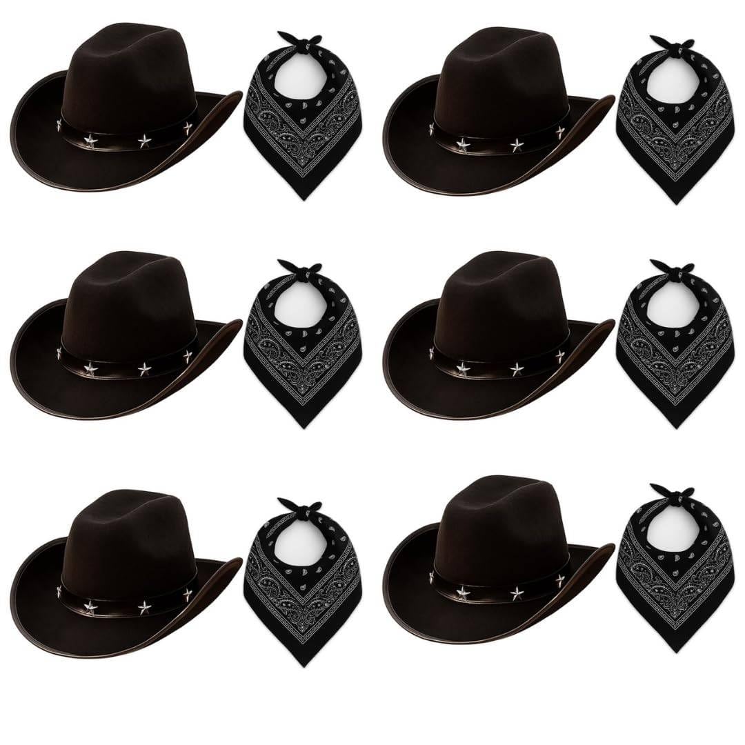 Adults Cowboy Accessory Set - Pack of 6 - Black Star-Studded Cowboy Hat and Black Paisley Bandana - Mens Womens Wild West Western Bandit Fancy Dress Costume Accessory Set โ image 1